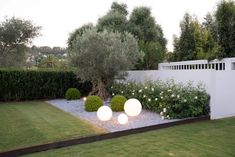 an outdoor garden with grass, bushes and lights