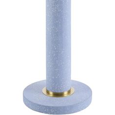 a light blue candle holder with gold trimmings and a round base on a white background