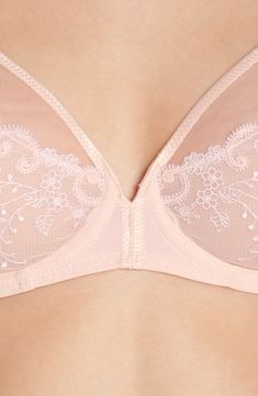 Supportive underwire cups offer exceptional lift and shape to a plunge-neck bra designed in France and detailed with pretty embroidery and guipure lace. 47% polyester, 44% polyamide, 9% elastane Hand wash, dry flat Imported Pretty Embroidery, Simone Perele, Guipure Lace, Plunge Bra, Fabric Gift Bags, Fabric Gifts, Free Fabric, Corsets, My Collection