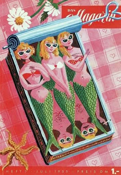 an old fashion magazine cover with three mermaids on the front and one in the back