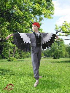 a young boy dressed up as a bird in the grass with his wings spread out