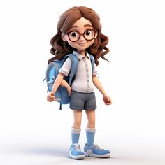 a cartoon girl with glasses and a backpack