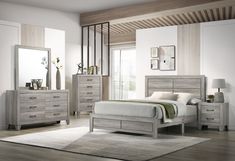 a bedroom scene with focus on the bed, dresser and mirror in the room's center