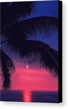 the sun is setting over the ocean with palm trees in foreground and pink sky