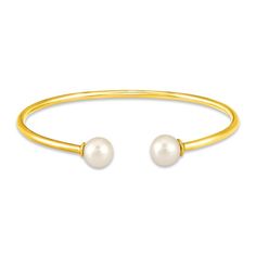 This beautiful cuff bangle bracelet is both timeless and chic. Set in classic 10K yellow gold, the bangle is finished with a freshwater cultured pearl on each end. Classic Pearl Bangle Bracelet, Classic Pearl Bangle Bracelet For Anniversary, Classic Yellow Gold Pearl Bangle Bracelet, Classic Formal Pearl Bangle Bracelet, Classic Gold Pearl Bangle Bracelet, Classic Pearl Bangle Jewelry, Classic Pearl Bangle, Classic Yellow Gold Bangle With Oyster Detail, Classic Wedding Bangle With Oyster Bracelet