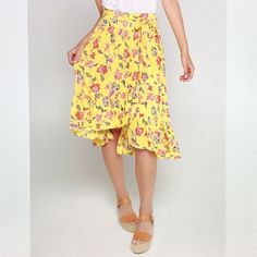 Joie Denisha Skirt In Pineapple.....Size 4. Flowy Soft Slinky Weave; 100% Silk. Lined With Poly Chiffon. Yellow With Pink/Purple/Orange/Red Floral Print. Wide Waistband. Removable Self Tie Fabric Belt. Side Zipper Closure. Crossover Wrap Front. Asymmetric Ruffle Hem. Waist Across 13.75". Length About 23" At Shortest And 29.5" At Longest. New With Tag. Yellow Bottoms For Spring Brunch, Fitted Yellow Wrap Skirt For Spring, Yellow Tiered Skirt For Day Out, Casual Yellow Bottoms For Brunch, Yellow Skirt For Brunch In Spring, Yellow Skirt For Spring Brunch, Yellow Flowy Skirt For Brunch, Flowy Yellow Skirt For Brunch, Yellow Tiered Skirt For Brunch