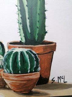 a painting of two cactuses in clay pots