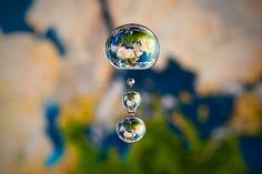 two drops of water with trees reflected in them on a blue sky and rock background