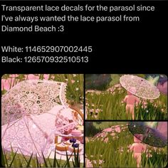 there are pictures of pink and white umbrellas in the grass