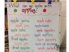 a white board with writing on it that says what can we make with apples?