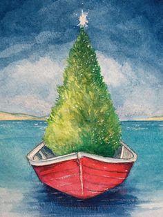 a painting of a boat with a christmas tree on it's head in the water