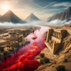 an artist's rendering of the great pyramids in egypt with red water running through them