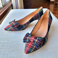 New! J. Crew Esme Plaid Tartan Kitten Heels Pump With Bow Brand New In Box Polyester Upper. Polyurethane Lining. Synthetic Sole. 2 ¼" (55mm) Heel. Bl573 Gw1028 Dorsay Heels, Pink Block Heels, Pink Suede Heels, Plaid Heels, Velvet Sandals, Denim Heels, Leopard Pumps, Velvet Pumps, Pointy Toe Heels