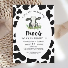 a black and white cow birthday party card