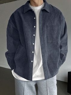 Dusty Blue Casual Collar Long Sleeve Corduroy Plain Shirt Embellished Non-Stretch  Men Clothing Cordoury Jacket Outfits Men, Simple Casual Outfits Men, Blue Corduroy Shirt Outfit, Long Sleeve T Shirt Outfit Men, Comfortable Mens Outfits, Simple Male Outfits, Dark Blue Shirt Outfit Men, Corduroy Shirt Mens Outfit, Mens Flannel Shirt Outfit