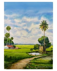 a painting of a green field with palm trees and a small house in the distance