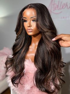 Long Wavy Yaki Texture Espresso Brown with Caramel Highlights Lace Front Wigs - Ophair016 Caramel Highlights Hair, Curly Bob Bangs, Brown With Caramel Highlights, Caramel Hair Highlights, Blonde Curly Wig, Full Lace Wig Glueless, Bob Haircut Curly, Curly Lace Wig, Blonde Hair With Bangs