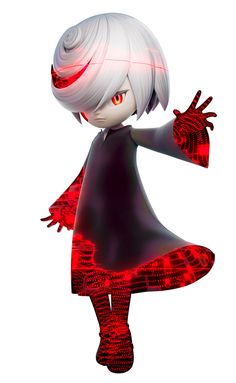 an animated girl with white hair and red eyes in a black dress is holding her arms out