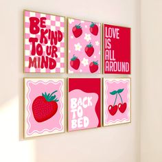 four pink and red art pieces hanging on the wall