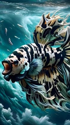 a painting of a fish swimming in the ocean with other fish around it and under water