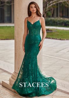 Trumpet/Mermaid V Neck Sleeveless Sweep Train Glitter Prom Dress with Sequins S7677P - Prom Dresses - Stacees Green Mermaid Prom Dress, Elegant Mermaid Dress, Prom Dress V Neck, Long Sleeve Homecoming Dress, Glitter Prom Dress, Prom Dress Inspo, Navy Blue Prom Dresses, Mermaid Glitter, Dress With Sequins