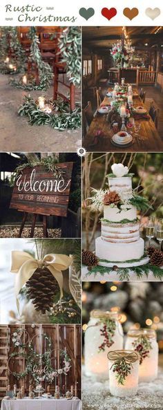 a collage of photos with pine cones, candles and wedding cake on it's table