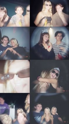 several pictures of people posing together at a party with one woman wearing a tiara