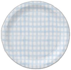 a blue and white checkered paper plate