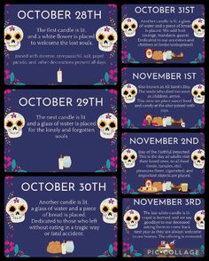 a poster with different types of skulls and flowers on it, including the dates for each event