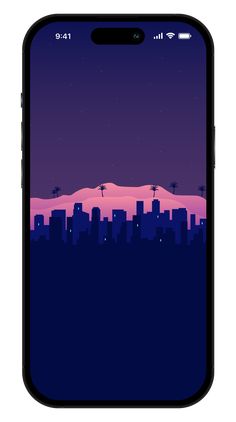 an iphone screen showing the city skyline at night with mountains and palm trees in the background