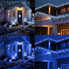 christmas lights decorate houses and lawns in the evening, with snowflakes on them