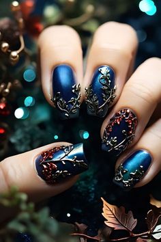 Deep Blue Nails, Forest Nails, Forest Magic, Autumn Fairy, Blue Forest, Fall Nail Art, Nail Designs Spring, Autumn Aesthetic, Blue Nails