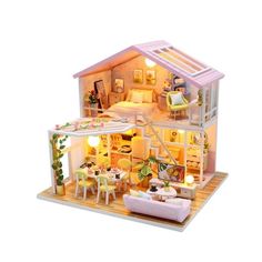 a doll house with furniture and lights in it