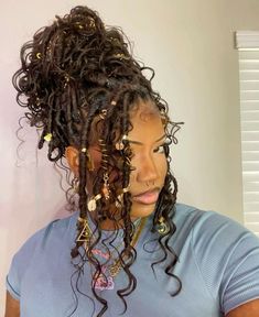 Hair Jewelry For Braids Black, Goddess Braids With Charms, Braids And Dreads Mixed, Curly Hair With Dreads, Goddess Faux Locs With Color, Goddess Locs Short, Faux Locs With Beads, Twist Out Locs, Locs With Charms