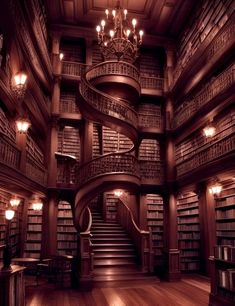 a spiral staircase in a library with bookshelves and chandeliers on either side