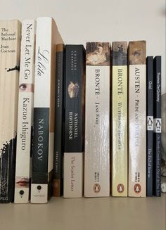 a row of books sitting on top of a wooden shelf