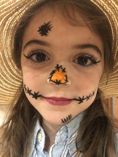 Kids Scarecrow Face Paint, Simple Face Painting For Halloween, Toddler Scarecrow Makeup, Face Painting Scarecrow, Easy Face Paint Ideas For Halloween, Halloween Face Painting Simple, Face Painting For Halloween For Kids, Easy Scarecrow Face Paint, Kid Scarecrow Makeup