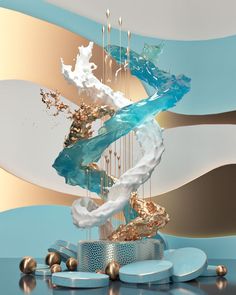 a blue and white sculpture with gold accents in the middle of an abstract background,