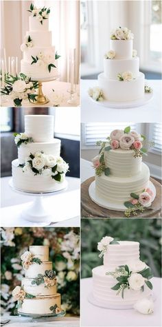 four different types of wedding cakes with flowers on each tier and greenery at the top