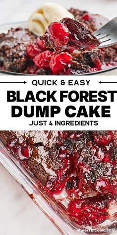 black forest dump cake in a glass baking dish with a fork sticking out of it