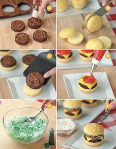 how to make mini burgers with cookie doughnut holes and chocolate cookies in the middle