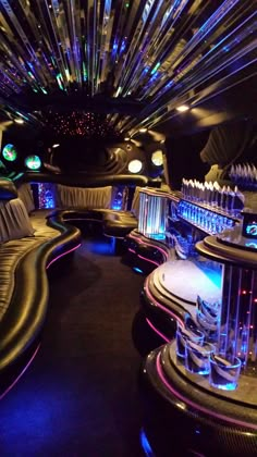 the interior of a party bus with lights on