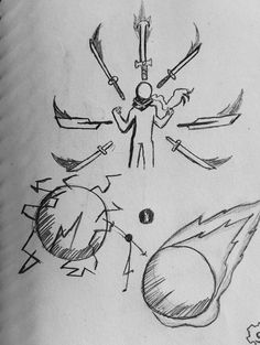 a drawing of a person surrounded by arrows and other things in the air with one hand on his hip