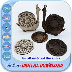 several wooden coasters with designs on them and the words dxf all material thickness