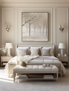 a white bed sitting in a bedroom next to two lamps and a painting on the wall