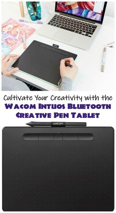 a person writing on a clipboard next to an open laptop computer with the caption, cultivate your creativity with the wacom infos bluetooth creative pen tablet