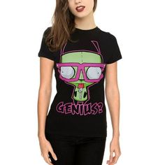 a woman in black shirt and leggings with pink glasses on her face, wearing a t - shirt that says genius