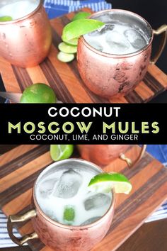 two moscow mules with lime and ginger on a cutting board next to each other