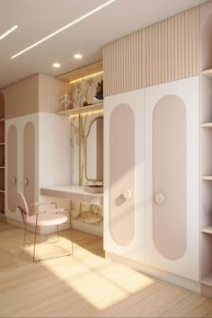 a room with white walls and shelves filled with furniture, including a mirror on the wall