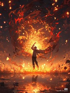 a man standing in the middle of a fire filled field with his arms outstretched up